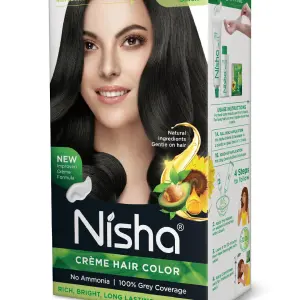Nisha Creme Hair Color for Women - Natural Black, 60g+60ml, Long-lasting, 100% Grey Coverage Permanent Hair Colour for Soft, Shiny, Healthy Hair 120 GM