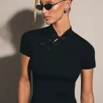 COSMINA Chinese Style Elegant Smart Knitted Women Top, Chinese Button Decor Everyday Black Summer