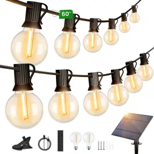 Torkase 60FT Solar String Lights Outdoor with Remote, Commercial Grade Patio Lights with 25+2 Shatterproof G40 Globe LED Filament Bulbs, Dimmable Outside Edison Hanging Light for Backyard Party Decor