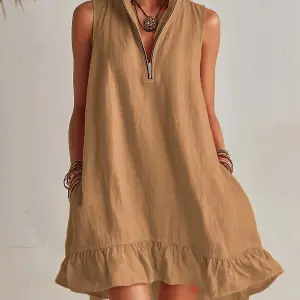 Khaki Sleeveless Zip Neck Ruffle Hem Dress