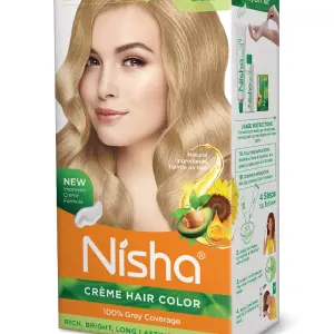 Nisha Creme Hair Color for Women - Ultra Blonde, 60g+90ml, Long-lasting, 100% Grey Coverage Permanent Hair Colour for Soft, Shiny, Healthy Hair 150 GM