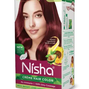 Nisha Creme Hair Color for Women - Burgundy, 60g+60ml, Long-lasting, 100% Grey Coverage Permanent Hair Colour for Soft, Shiny, Healthy Hair 120 GM