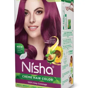 Nisha Creme Hair Color for Women - Wine Burgundy, 60g+60ml, Long-lasting, 100% Grey Coverage Permanent Hair Colour for Soft, Shiny, Healthy Hair 120 GM