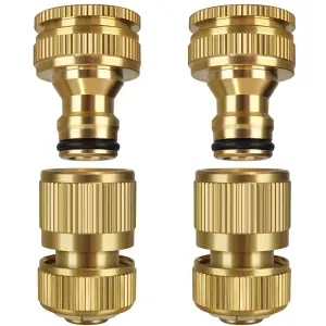 iBamso Garden Hose Connector, Solid Brass Garden Tap Connector, 1/2 Inch and 3/4 Inch 2-in-1 Faucet Connector, 1/2 Inch Quick Connect Garden Hose Fittings, Thread Easy Connect Faucet Adapter (4 Pack)