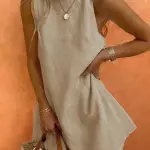 Beige Sleeveless Cotton Mini Dress