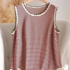 Women's Elegant Striped Lace T-Shirt Tank Top with Fringe Hem, Casual Versatile Universal Top